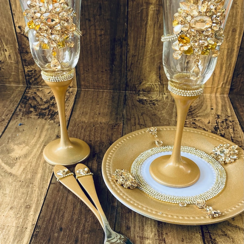 Gold crystalchampagne flutes forks cake plate